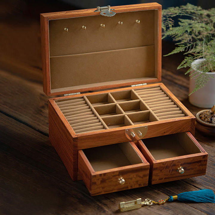 Caja de almacenamiento de joyería de palisandro hecha a mano antigua, caja organizadora de regalo de madera con flores de doble capa grande con cerradura