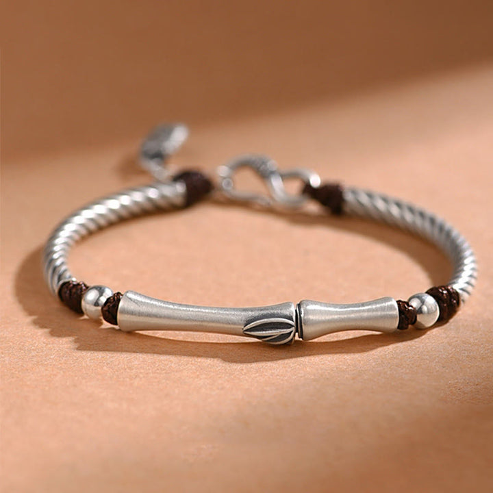 Pulsera de plata de ley 999 con diseño de bambú y suerte de cigarra