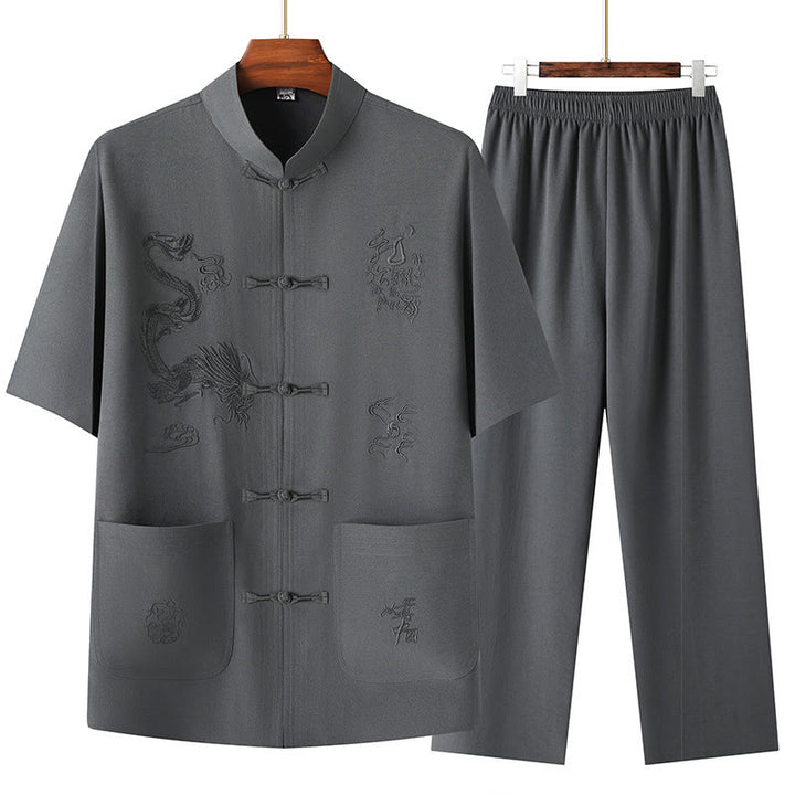 Traje Tang de Buddha Stones Hanfu dragón chino uniforme de kungfú tradicional camisetas y pantalones de manga corta conjunto de ropa para hombre - Gris oscuro - US/UK/AU44, EU54 (4XL) - image 8