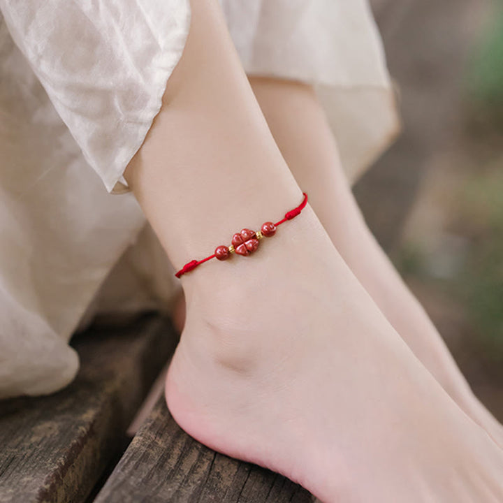 Pulsera tobillera con Buddha Stones, trébol de cuatro hojas, cinabrio, bendición, calma