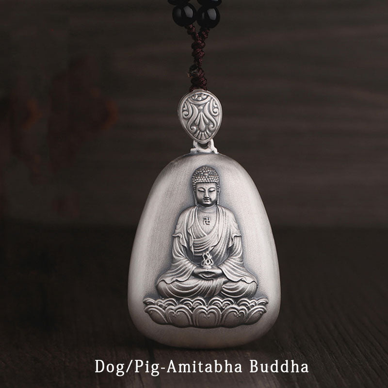 Collar con colgante de plata de ley 999 con Buddha Stones del zodíaco chino, corazón de Buda natal, Sutra grabado