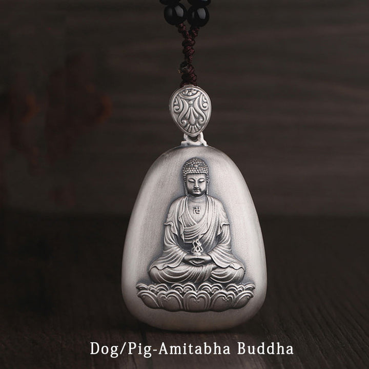 Collar con colgante de plata de ley 999 con Buddha Stones del zodíaco chino, corazón de Buda natal, Sutra grabado