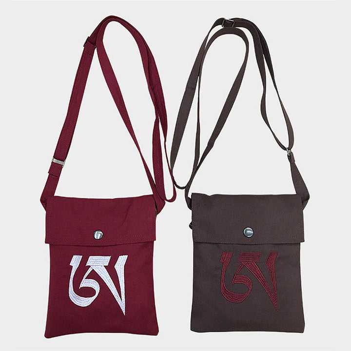 Hecho a mano OM Mantra bordado espiritual mente práctica algodón crossbody bolso hombro bolso teléfono celular