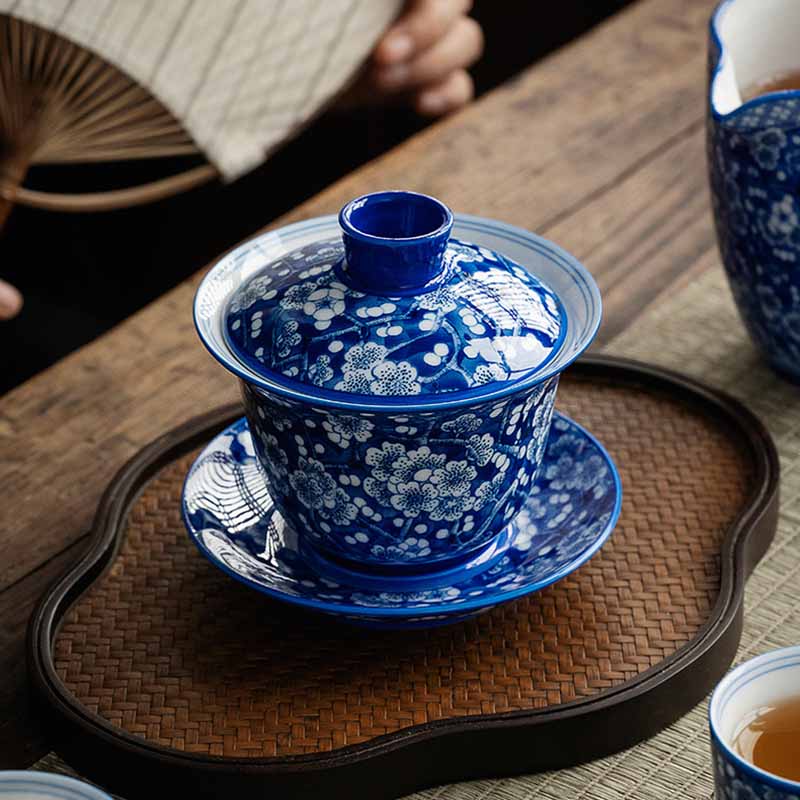Taza de té de cerámica Gaiwan Sancai, taza de té de Kung Fu y platillo con tapa, Buddha Stones, flor de ciruelo, porcelana azul y blanca, 185ml