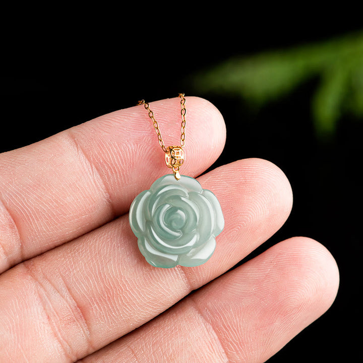 Colgante de collar de la suerte de rosa de jade natural de plata de ley 925 de oro de 18 Buddha Stones