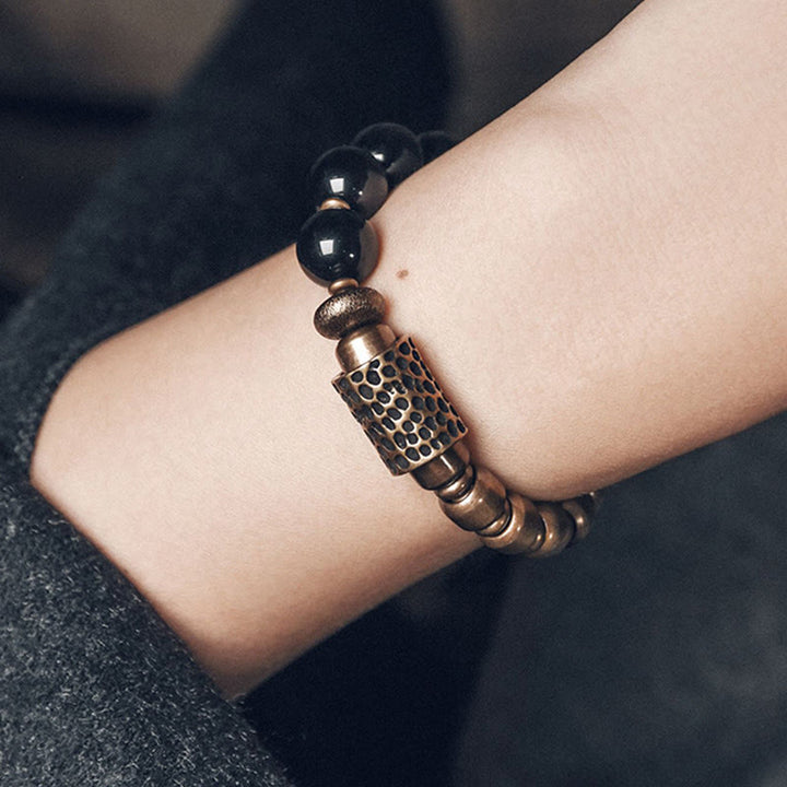 Pulsera de soporte curativo de Buddha Stones, roca de lava, obsidiana arcoíris y latón. - image 15