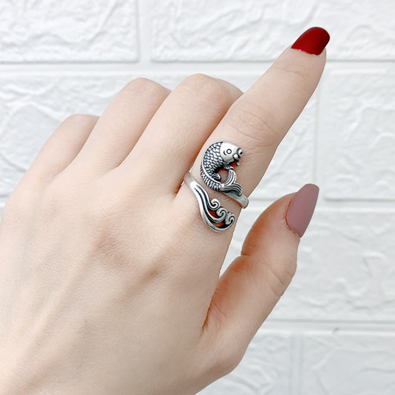 Anillo de plata de ley 925 con Buddha Stones , pez koi, ondulación de agua, suerte y riqueza