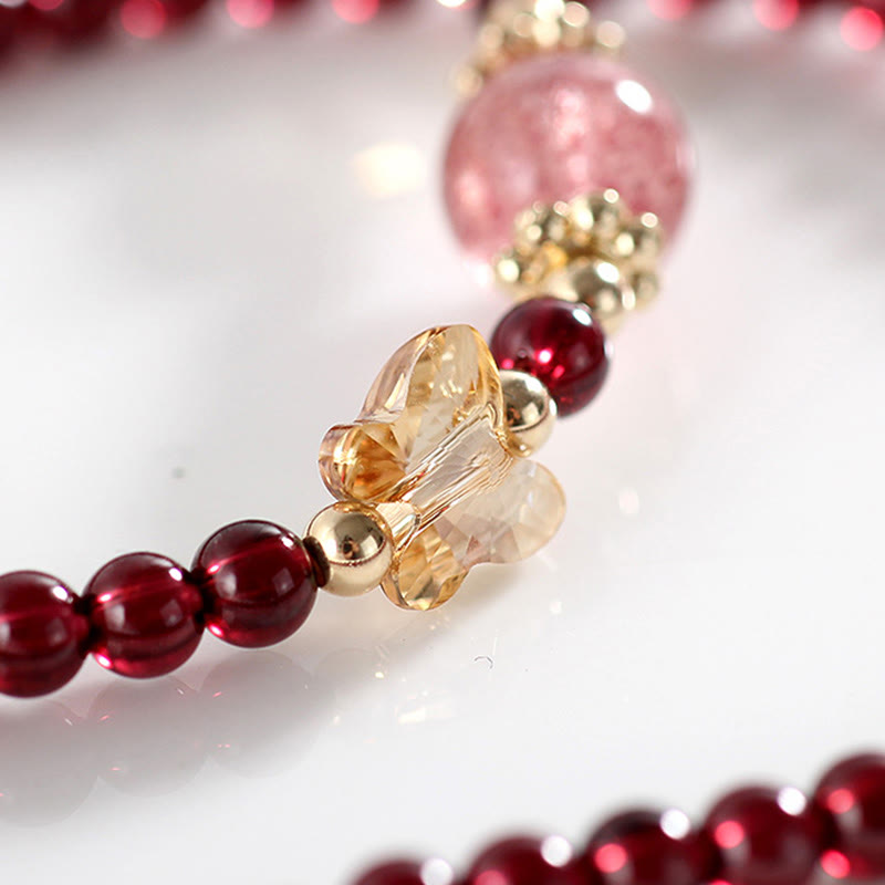 Pulsera de doble vuelta con protección de mariposa, cuarzo fresa, granate natural, chapada en oro de 14 quilates con Buddha Stones