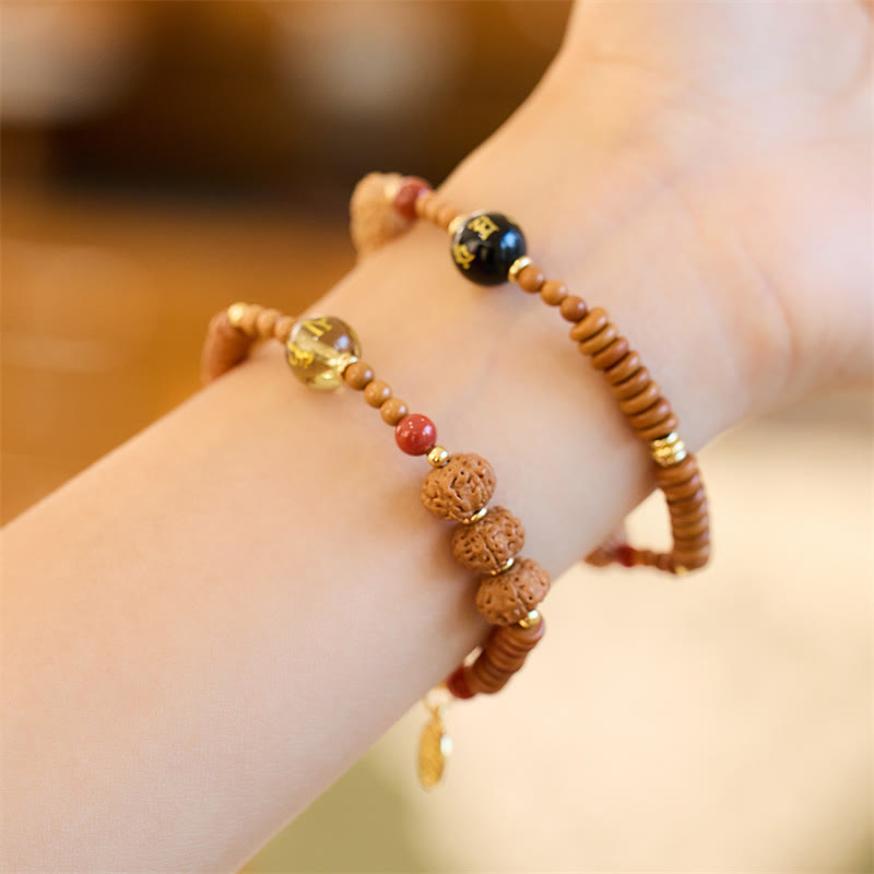 Buddha Stones, semilla tibetana de Bodhi, ónix negro, cuarzo ahumado, Om Mani Padme Hum Fu, pulsera de riqueza con carácter