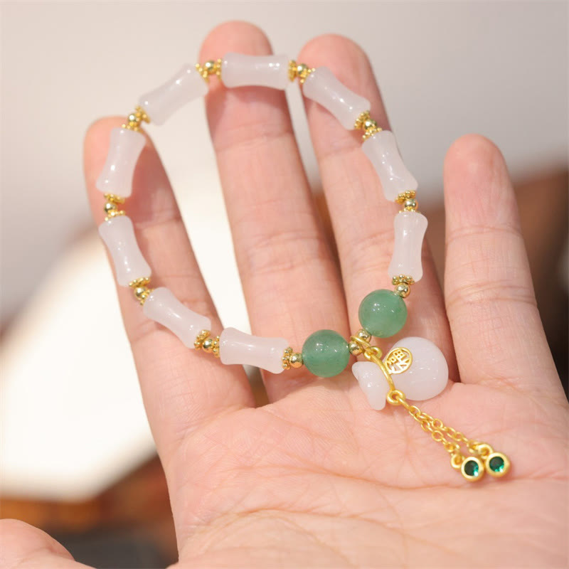 Buddha Stones Natural blanco dorado seda Jade bambú patrón riqueza suerte bolsa Fu personaje pulsera