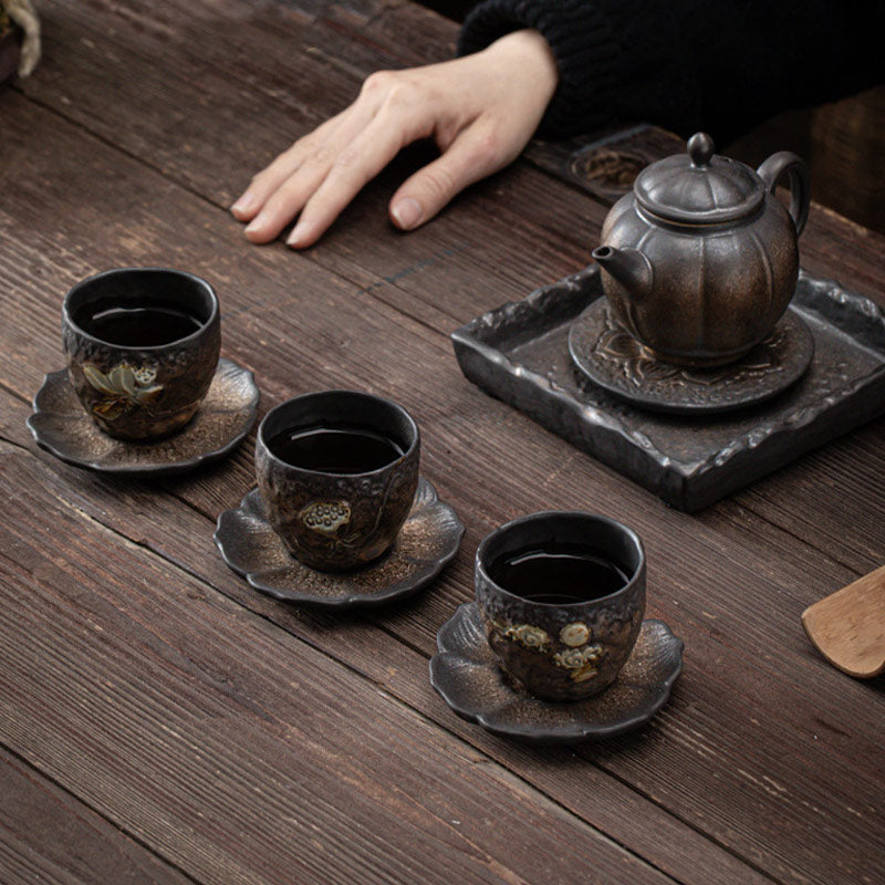 Taza de té de cerámica con Buddha Stones, hoja de vaina de loto, flor, nubes propicias, taza de té de Kung Fu