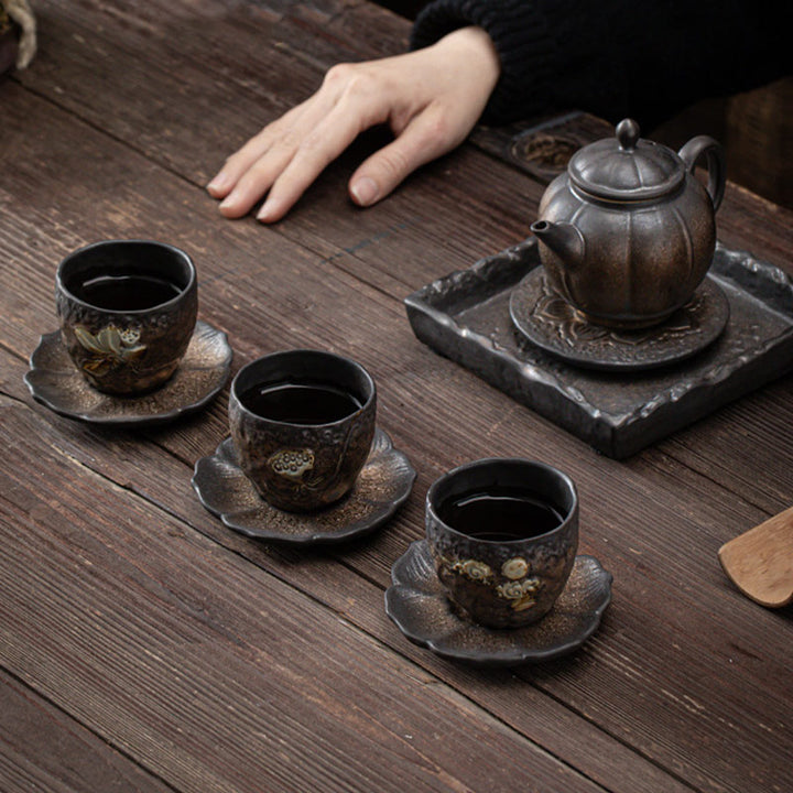Taza de té de cerámica con Buddha Stones, hoja de vaina de loto, flor, nubes propicias, taza de té de Kung Fu