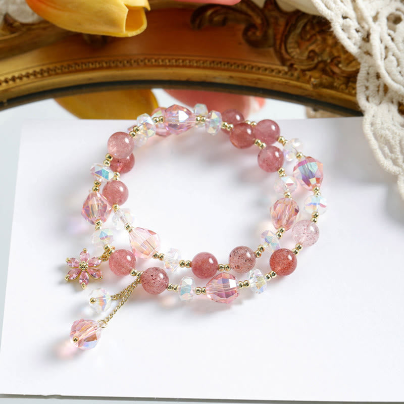 Pulsera de doble vuelta curativa con flores de circonita, cuarzo fresa y Buddha Stones