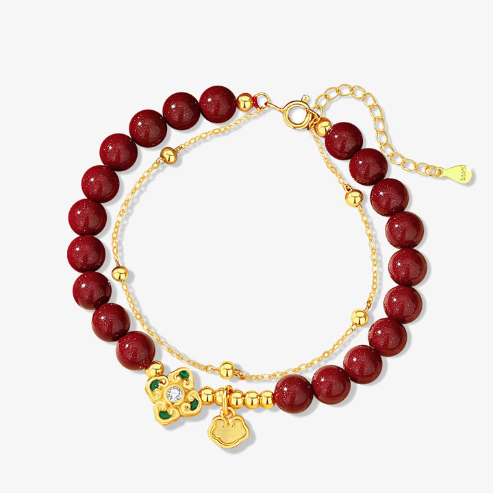 Pulsera de cadena de bendición de flores de trébol de cuatro hojas de cinabrio natural de plata de ley 925 con Buddha Stones