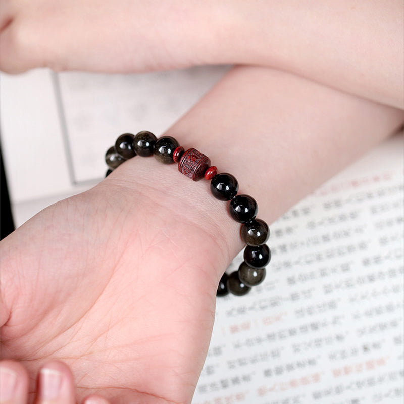 Pulsera curativa con carácter de obsidiana arcoíris de obsidiana con brillo de oro natural con Buddha Stones Om Mani Padme Hum Fu