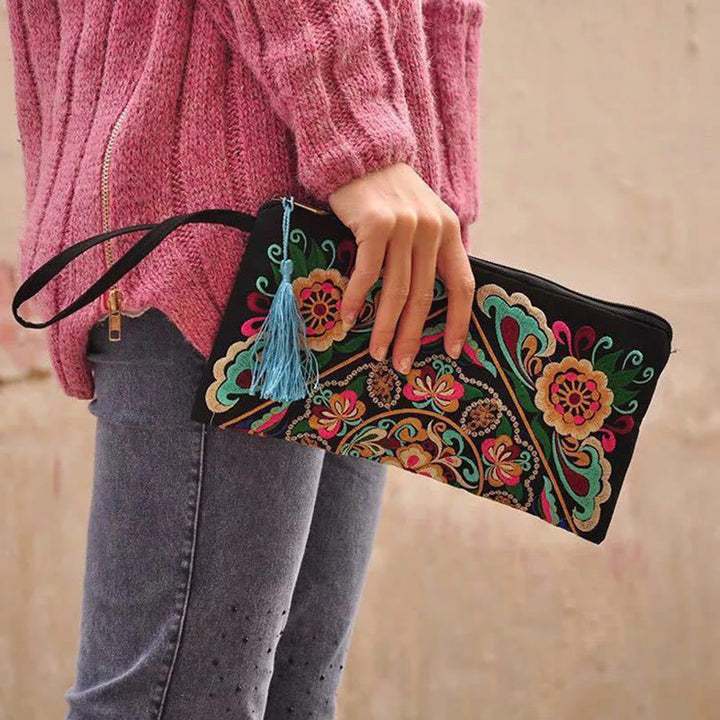 Cartera de compras con bordado de flores de Buddha Stones, dragón, mariposa, cosmos