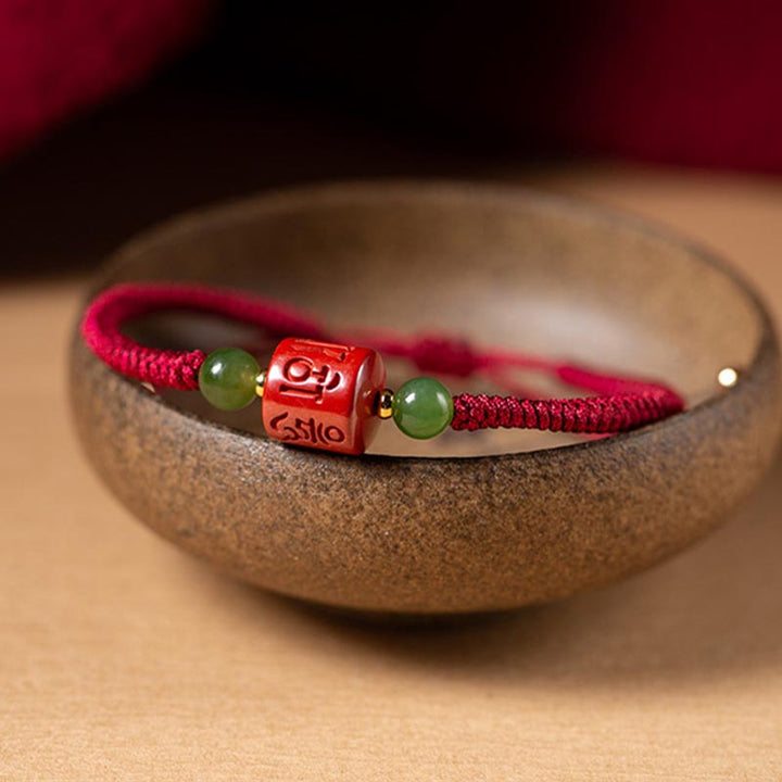 Pulsera de cuerda trenzada con Buddha Stones Tibetam cinabrio Om Mani Padme Hum grabada bendición