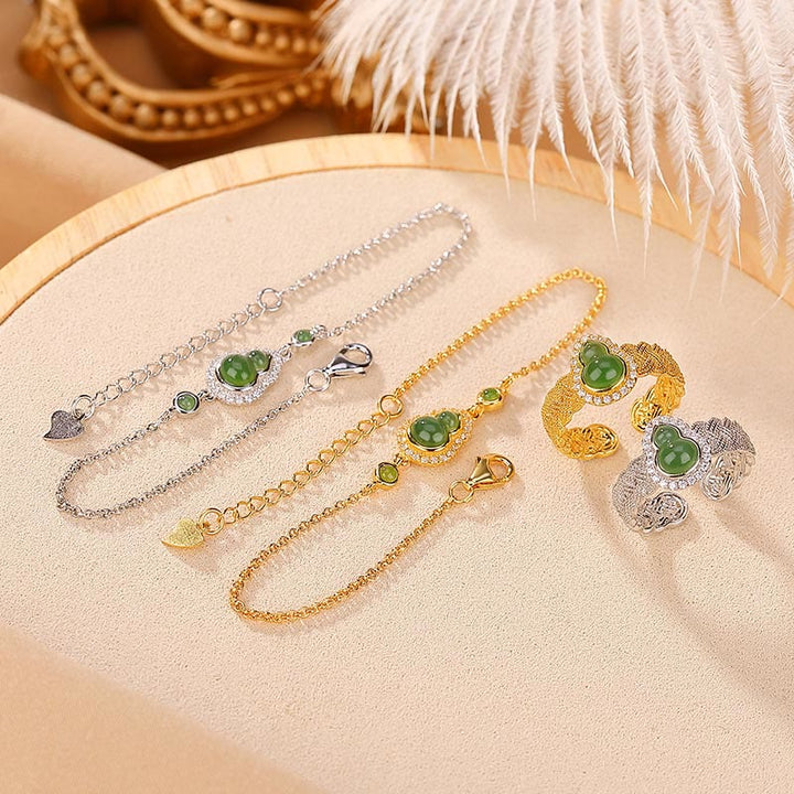 Juego de anillos de pulsera de la suerte con forma de calabaza de jade cian hetiano natural chapado en plata de ley 925 con Buddha Stones