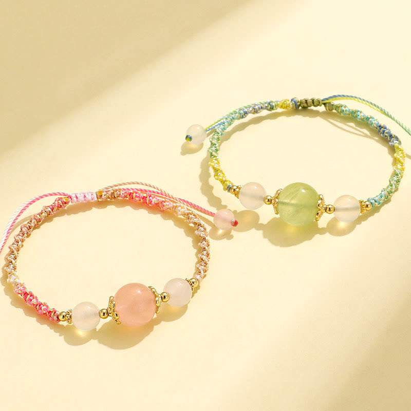 Pulsera de cuerda curativa con cuentas de ágata blanca y prehnita de cristal rosa de cuarzo fresa con Buddha Stones