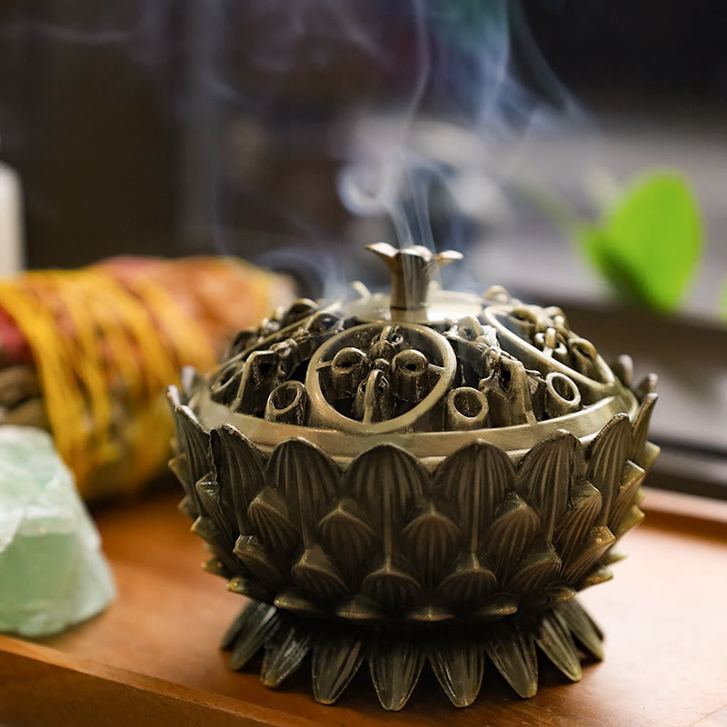 Quemador de incienso purificador en forma de loto tibetano con Buddha Stones