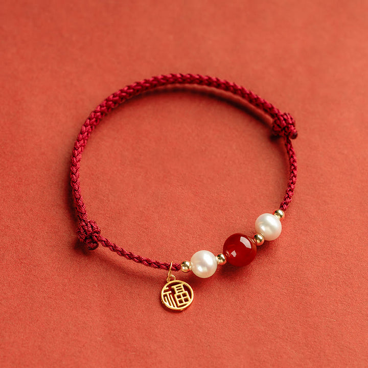 Pulsera trenzada de hilo rojo con perlas de ágata y carácter de buena fortuna de plata de ley 925 con Buddha Stones
