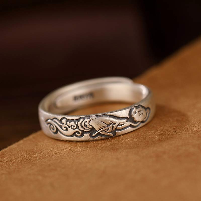 Anillo de iluminación de flor de peonía de loto de plata de ley 999