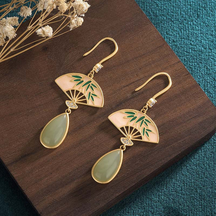 Pendientes colgantes de la suerte con diseño de abanico de aventurina verde natural con Buddha Stones