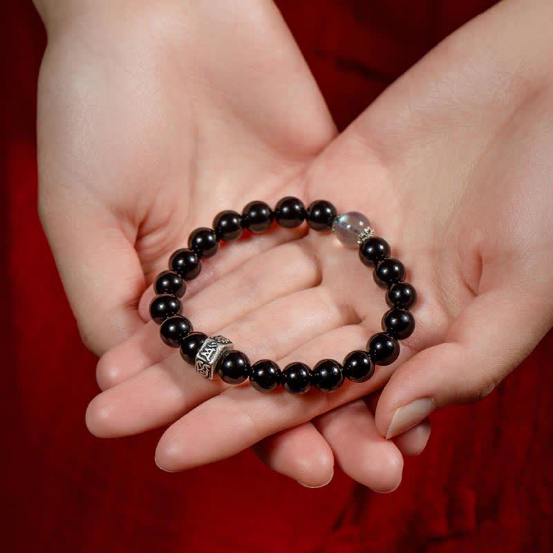 Pulsera de fuerza de piedra lunar de obsidiana negra de plata de ley 925 con Buda natal del zodíaco chino - image 5
