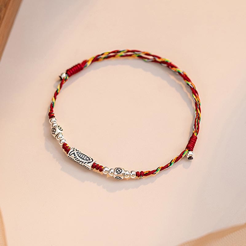 Pulsera tobillera de hilo colorido trenzado con pez Koi de la suerte de plata de ley 925 con Buddha Stones
