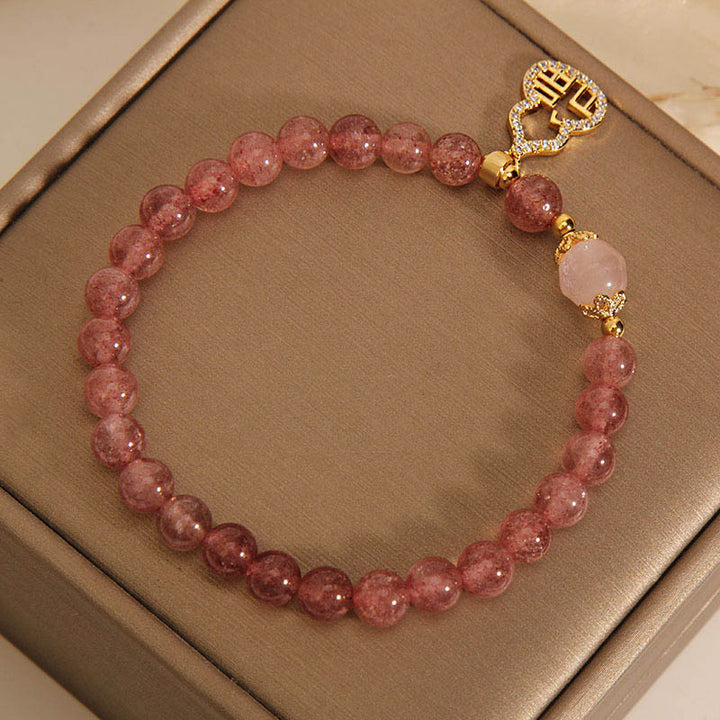 Pulsera positiva con dije de personaje Fu de calabaza de cuarzo fresa con Buddha Stones