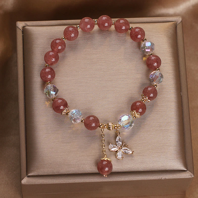 Pulsera con dije de mariposa curativa de amor de cuarzo fresa natural con Buddha Stones