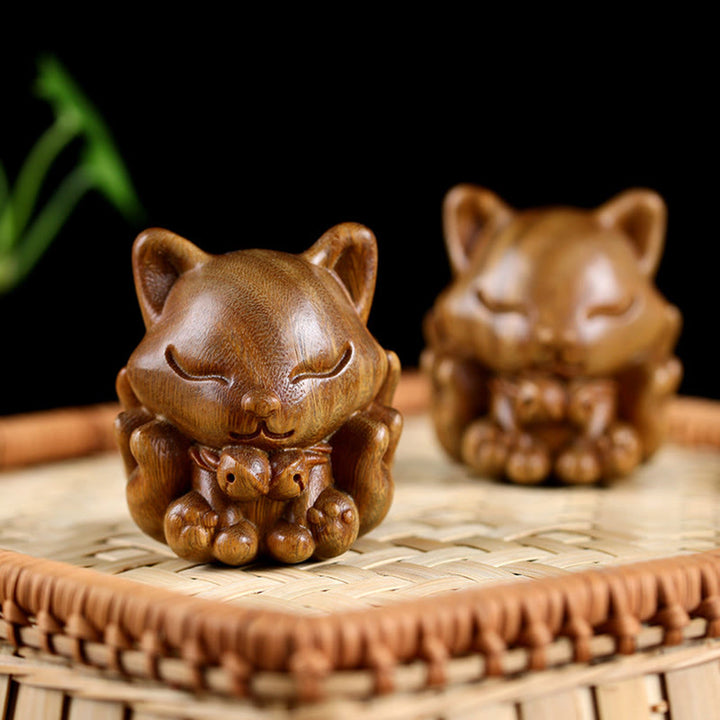 Miniatura de zorro de nueve colas, Buddha Stones, marfil, fruta, sándalo, sándalo verde, decoración bendita