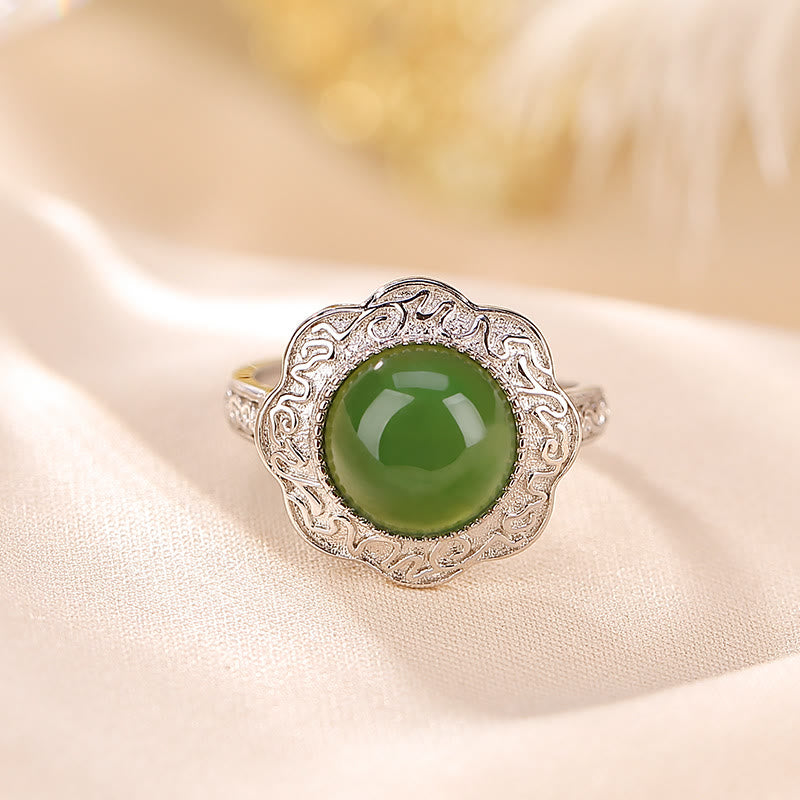Anillo ajustable de la suerte con diseño de flor de jade cian hetiano de plata de ley 925 con Buddha Stones