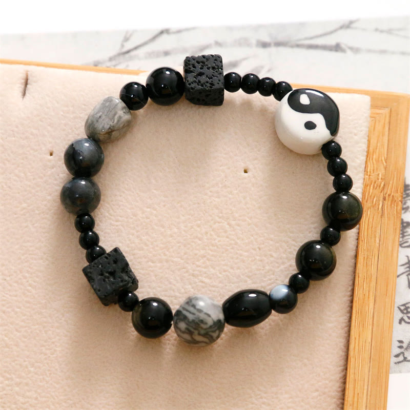 Pulsera de protección de la fortuna Yin Yang con cuentas de jaspe Picasso de ónix negro y Buddha Stones