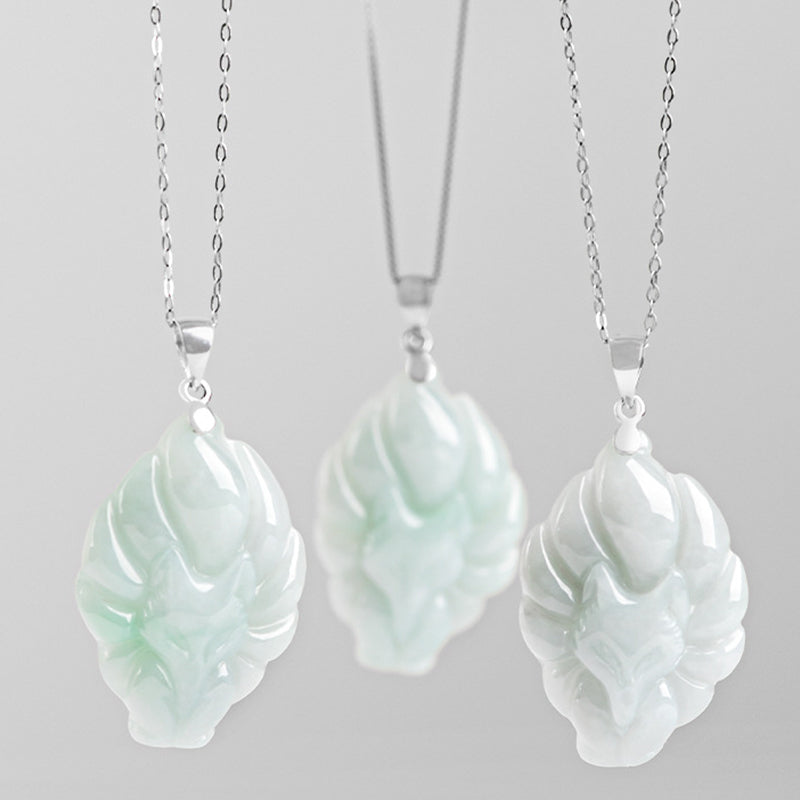 Colgante de collar de prosperidad de zorro de nueve colas de jade natural de plata de ley 925 con Buddha Stones