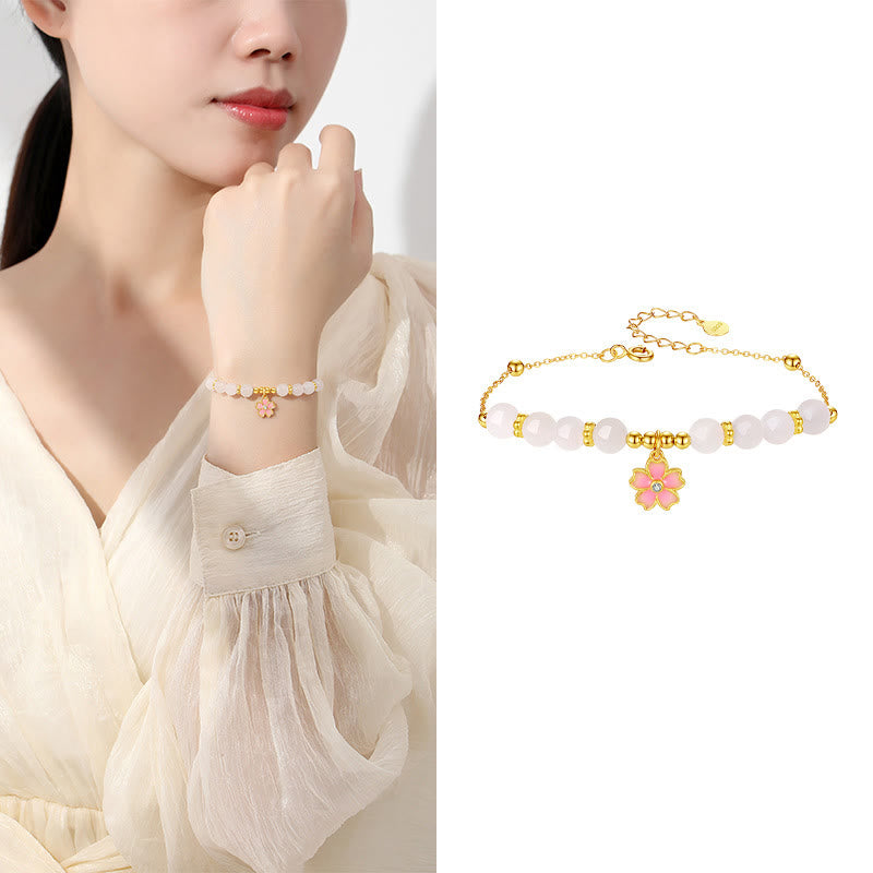 Pulsera de protección de flor de cerezo de jade blanco hetiano de plata de ley 925 con Buddha Stones