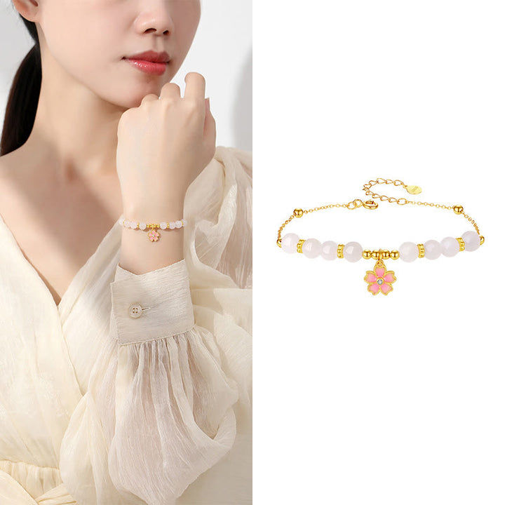 Pulsera de protección de flor de cerezo de jade blanco hetiano de plata de ley 925 con Buddha Stones