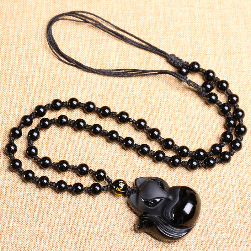 Collar con colgante de amuleto de obsidiana negra natural con Buddha Stones , ojo de tigre, hielo, obsidiana y zorro