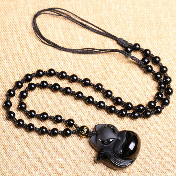 Collar con colgante de amuleto de obsidiana negra natural con Buddha Stones , ojo de tigre, hielo, obsidiana y zorro