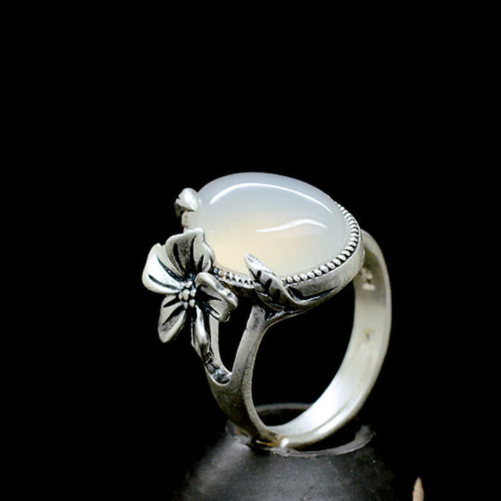 Anillo de armonía positiva de ciruela de calcedonia natural de plata de ley 990
