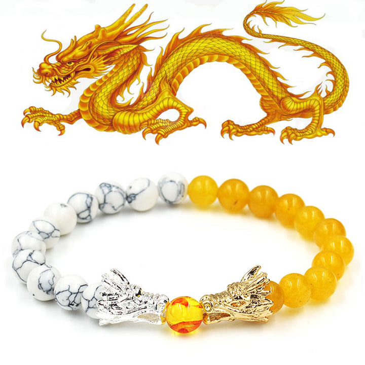 Pulsera con cuentas de bendición de dragón de roca de lava, turquesa blanca, Buddha Stones