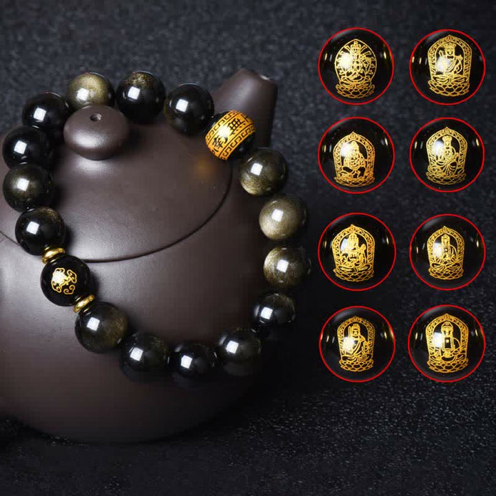 Pulsera de protección de la riqueza de obsidiana con brillo dorado del Buda Natal del zodíaco chino
