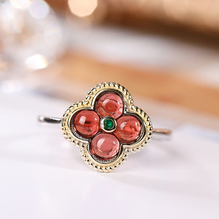 Anillo con colgante de plata de ley 925 con Buddha Stones, granate natural, trébol de cuatro hojas