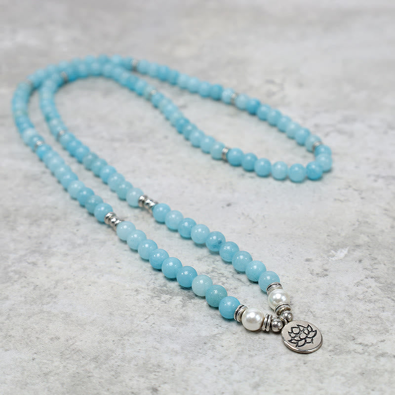 Buddha Stones Pulsera de Mala de Loto Curativo de Piedra Amazonita Natural