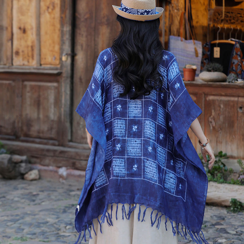 Jersey suave con borlas y chal a cuadros con bloques de Color azul de Buddha Stones 90*95cm