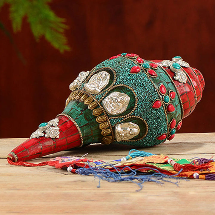 Tibetano hecho a mano Shankha Om Mani Padme Hum Buda Avalokitesvara turquesa Concha decoración positiva