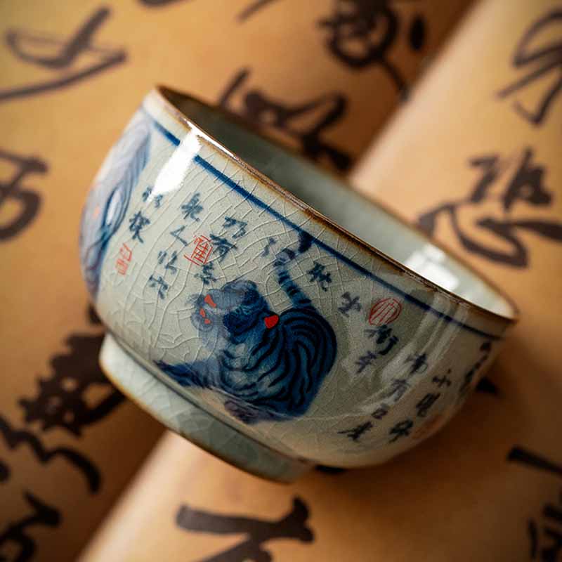 Buddha Stones Jingdezhen pintado a mano lindo tigre taza de té de cerámica Kung Fu taza de té tazón 140ml