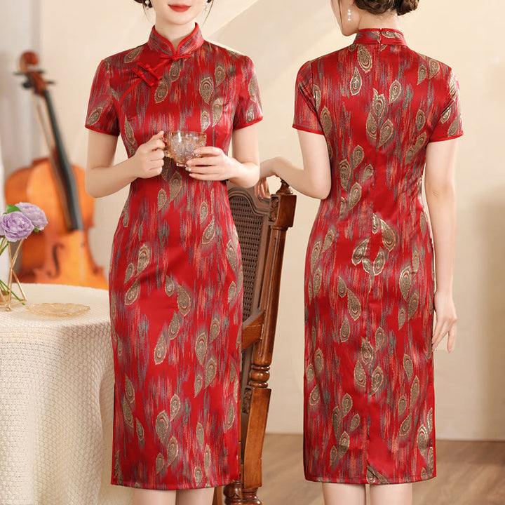 Vestido Cheongsam para mujer con estampado de plumas de peonía y flor de loto Retro con Buddha Stones - Pluma Roja - US16, UK/AU20, EU48 (5XL) - image 18