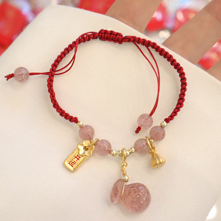 Pulsera trenzada de hilo rojo con Buddha Stones, bolsa de dinero de cuarzo fresa Natural, amuleto curativo de loto
