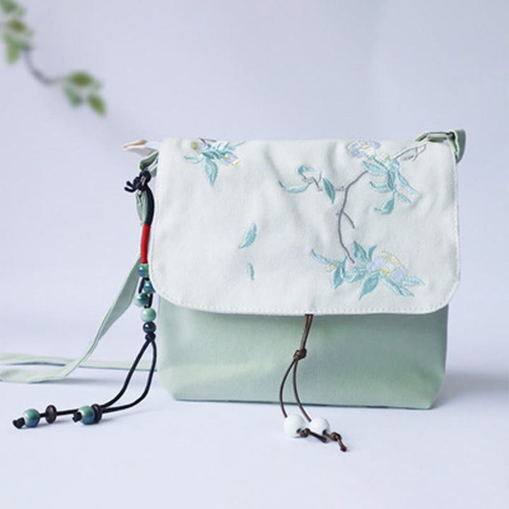 Bolso bandolera de lona con flores de ciruelo bordadas hechas a mano con Buddha Stones